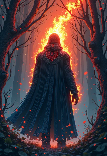 high quality, ultra detailed, colorful, abstract, particles, fantasy. Don't forget to share your pictures bellow as a sign of appreciation, it'll give me buzz every time., Vaporwave_Vibes-e10, 5h1rt, The image is an illustration of a person standing in front of a dark background with a fiery explosion. The person is wearing a black robe with intricate patterns and designs on it. The robe is made up of multiple layers of black and blue lines that create a striking contrast against the dark background. The flames are bright red and orange, with streaks of orange and yellow extending from the top of the person's head and back. The flame appears to be swirling around the person, creating a sense of movement and energy. The overall mood of the image is intense and dynamic., Diffraction Filter Lens, Establishing Shot, Celestial Forest: This forest is a place of celestial beauty and hidden magic. The air is thick with mist and the scent of blooming flowers. The trees are ancient and twisted, their branches reaching out like skeletal fingers. The ground is covered in a thick layer of moss and fallen leaves, and the air is filled with the sound of rustling leaves and the occasional call of a hidden creature. A sense of magic and wonder pervades the forest, hinting at the secrets that lie within.<lora:FLUX\Enhancer\FluxDFaeTasticDetails.safetensors:0.8:0.8> <lora:FLUX\Vaporwave_Vibes-e10.safetensors:0.6:0.6> <lora:FLUX\vector_shirt_flux_v1.safetensors:0.6:0.6>