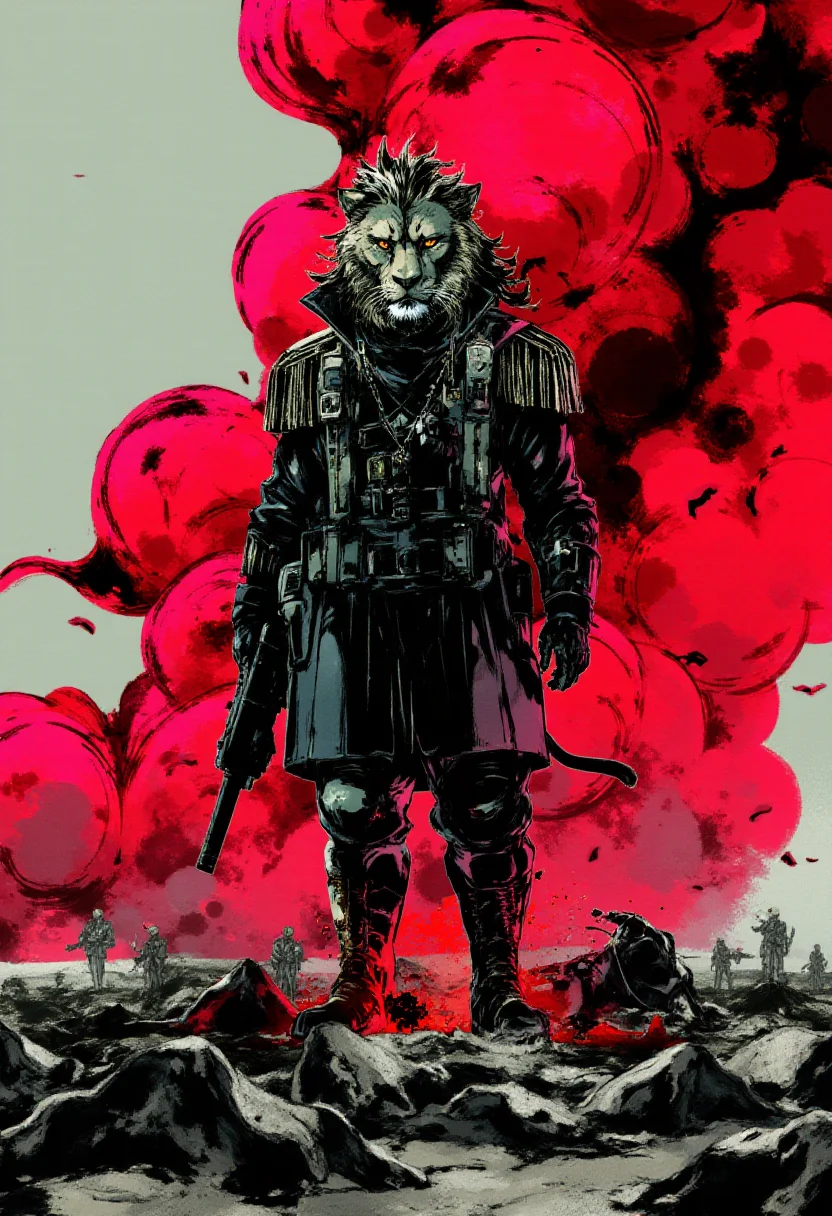 <lora:Yoji_Shinkawa_Style_FLUX-000012:0.8>
This image is a stylized digital illustration with a gritty yshinkawa cyberpunk anime aesthetic, showcasing  A lion in full military uniform standing at attention on a battlefield with vibrant smoke in the background.