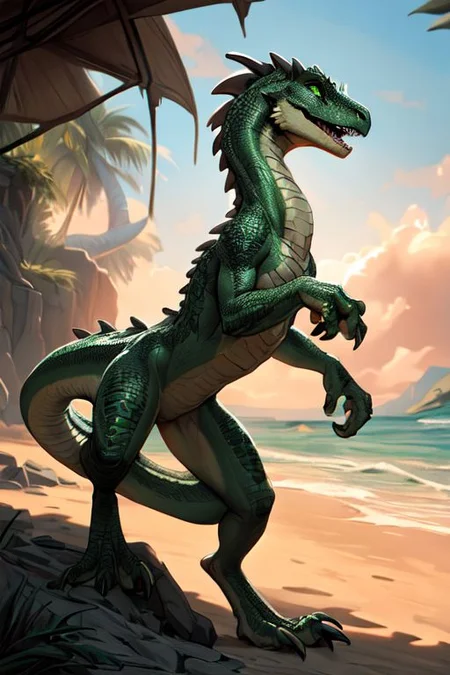 scalie, (female kobold:1.3), (detailed dark green scales:1.3), detailed scales, intricate scales, (flat chest:1.2), (nude), standing, (detailed face), (detailed clear eyes:1.3), claws, open mouth, grin, fangs:1.3,
dynamic pose, ((sexy pose)), dancing,
by crestfallenartist, by qwertydragon, by ecmayor,
<lora:addmoredetails:0.1>
<lora:FurryCore:0.5>
<lora:Velociraptor_Dino:0.2>
<lora:dragon:0.1>
<lora:kobold:0.3>
on the beach, sunshine,
(ambient light on the body), Ray tracing,
masterpiece, 4k, warm lighting, best quality, hi res,
concept art, highly detailed, (hi res), ((masterpiece)), ((best quality)) , ultra realistic, (intricate:0.9), (high detail), film photography, cinematic composition,