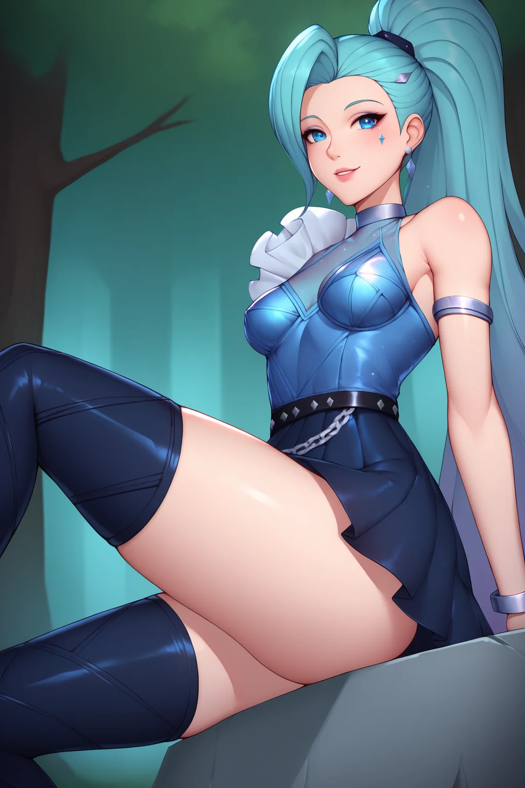 score_9, score_8_up, score_7_up, score_6_up, BREAK, SeraphineKDAAOXL, K/DA (league of legends), blue eyes, aqua hair, long hair, ponytail, bangs, medium breasts, single sleveless, blue dress, armlet, bracelet, black belt, black skirt, chain, black thigh boots, solo, sitting, bellow view, seductive smile, looking at viewer, forest, tree <lora:SeraphineKDAAOXL:0.8>