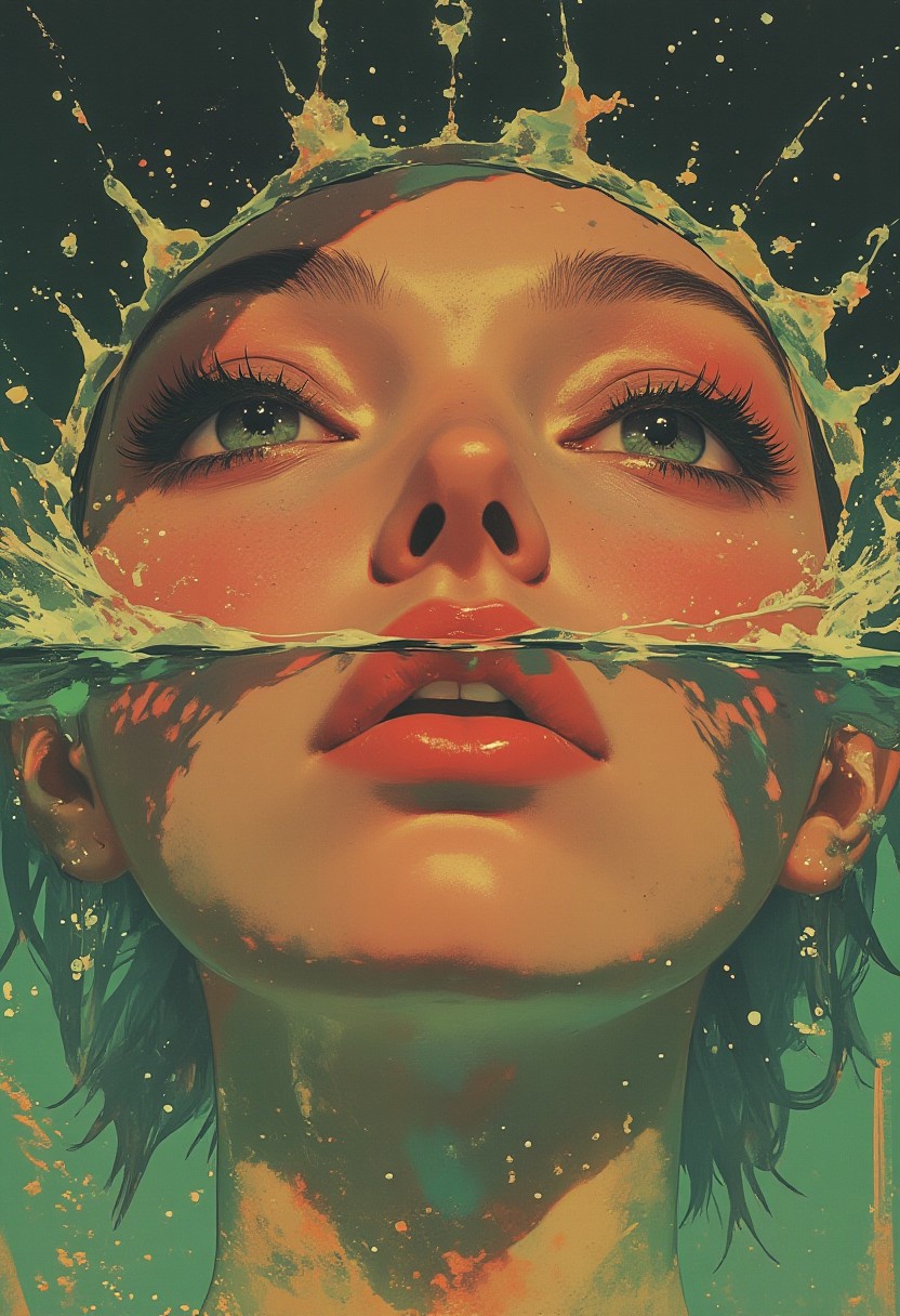 (ArsMJStyle, Colored pencil hyperdetailed realism, By Donna Young) A DSLR photo fashion-stylized dramatic, cinematic image in the aesthetic of vintagegirls, OBxiaoxiang, and Nova-70s. A high-resolution, hyperrealistic close-up of a woman's face partially submerged in water, taken from a low angle. It focuses on the upper portion, including her eyes, nose, and forehead. Her smooth, glistening skin reflects light, emphasizing wetness. The water forms dynamic ripples and bubbles, creating intricate fluid motion. The water is now a deep emerald green, contrasting with her warm, golden-brown skin. She has striking green eyes that intensify the image's depth. A gradient background of dark teal and soft gold enhances the dramatic yet serene atmosphere. The composition is mesmerizing and artistic, capturing water’s beauty and texture in extreme detail.