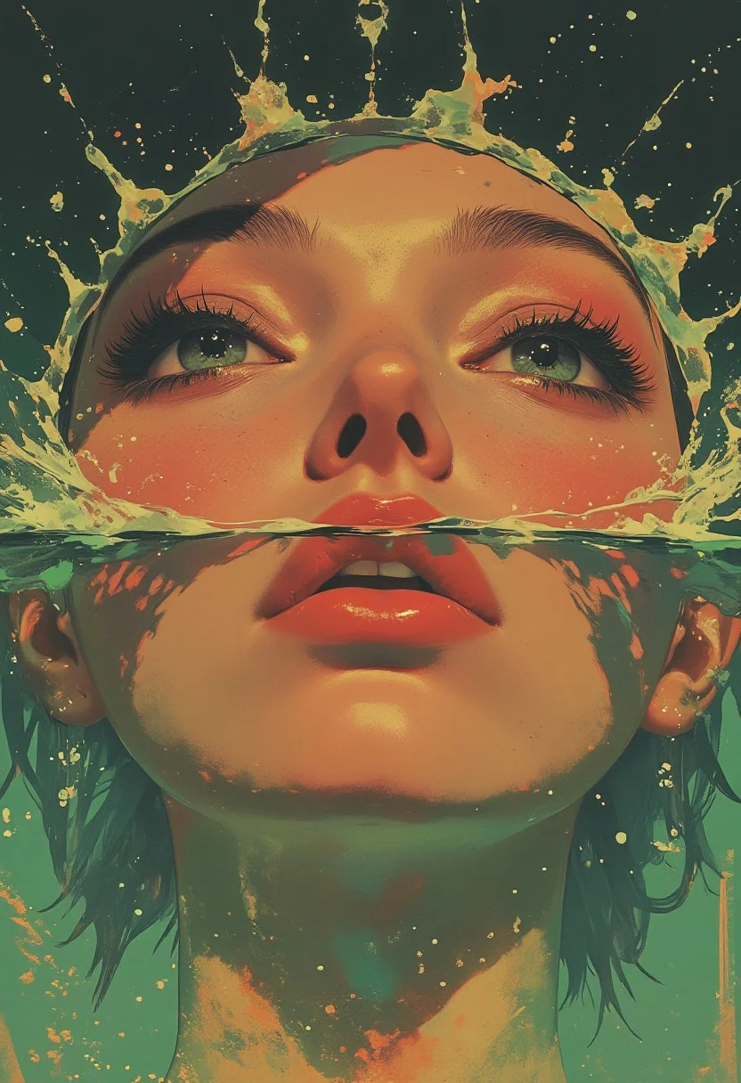 (ArsMJStyle, Colored pencil hyperdetailed realism, By Donna Young) A DSLR photo fashion-stylized dramatic, cinematic image in the aesthetic of vintagegirls, OBxiaoxiang, and Nova-70s. A high-resolution, hyperrealistic close-up of a woman's face partially submerged in water, taken from a low angle. It focuses on the upper portion, including her eyes, nose, and forehead. Her smooth, glistening skin reflects light, emphasizing wetness. The water forms dynamic ripples and bubbles, creating intricate fluid motion. The water is now a deep emerald green, contrasting with her warm, golden-brown skin. She has striking green eyes that intensify the image's depth. A gradient background of dark teal and soft gold enhances the dramatic yet serene atmosphere. The composition is mesmerizing and artistic, capturing water’s beauty and texture in extreme detail.
