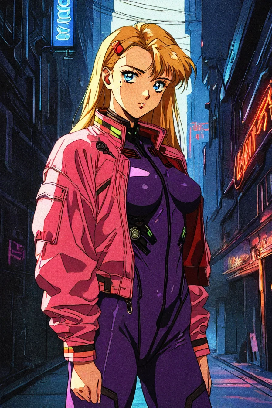 score_9, score_8_up, score_7_up, score_6_up, score_5_up, score_4_up, <lora:Miu_Furinji-000006:0.7> , miu, blonde hair, long hair, blue eyes, mole under right eyes, slim waist, large breast, pink jacket, purple bodysuit, hairclip, <lora:retro_scifi_artstyle-000021:0.7>, 1girl, solo, alone, retro_artstyle, retro, cyberpunk, alley, masterpiece, highres, neon lights, buildings