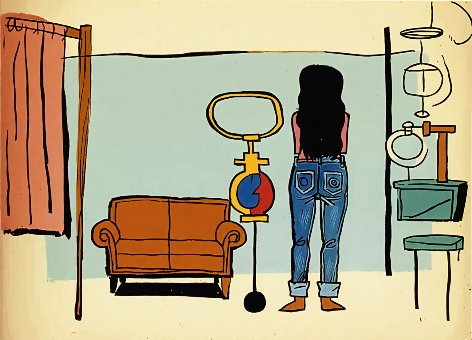 <lora:jean-michel-basquiat_pony_v1:1> ' scape ' by basquiat jean-michel in 1982,figurative \(genre\), neo-expressionism,street art \(style\), a woman in shorts is standing on a couch, adriana chechik, blue jeans. unreal 5, mama i need wife, gif, punished, comfy ambience, blake stone, oversized_hindquarters, furniture and decor, tight denim jeans, beautiful lighting uhd, parents watching, she is a gourd, perfect master piece, in a comfy house, walking down,, score_9, score_6_up, score_7_up