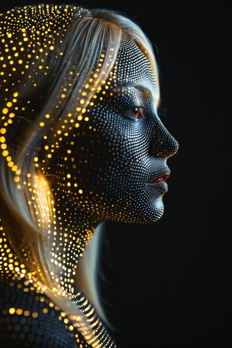 woman, face focus, blonde hair, dotstyle, abstract, black background, dark, glowing, profile,
 <lora:DotStyle_SDXL:1>