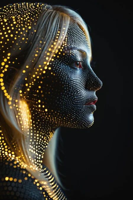 woman, face focus, blonde hair, dotstyle, abstract, black background, dark, glowing, profile,
<lora:DotStyle_SDXL:1>