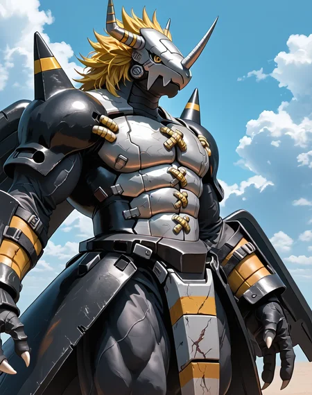 score_9, score_8_up, score_7_up,
8K, In'ei, chiaroscuro, volumetric lighting, perfect depth of field shot, masterpiece, photographic realism, 8K CGI render, beautiful, sharp focus, crisp details, masterclass animation, source_anime, source_furry, furry_art, bara, kemono, 
<lora:Blackwargreymon_(Digimon)_(Pony)_(AD):1> Blackwargreymon, Digimon, muscular, armor, Brave_Shield wings,
impressive physique, peak physical condition, large shoulders, thick thighs, thick legs, thick arms, wide thick upper body, hyper muscular, perfect proportions, large build, 
exterior, sky with clouds, anime fantasy science fiction, 
dynamic action, bent leg, cowboy shot, dutch angle, dynamic perspective, 
chest armor, fighting pose, smooth black skin, yellow hair, 
BREAK zPDXL,