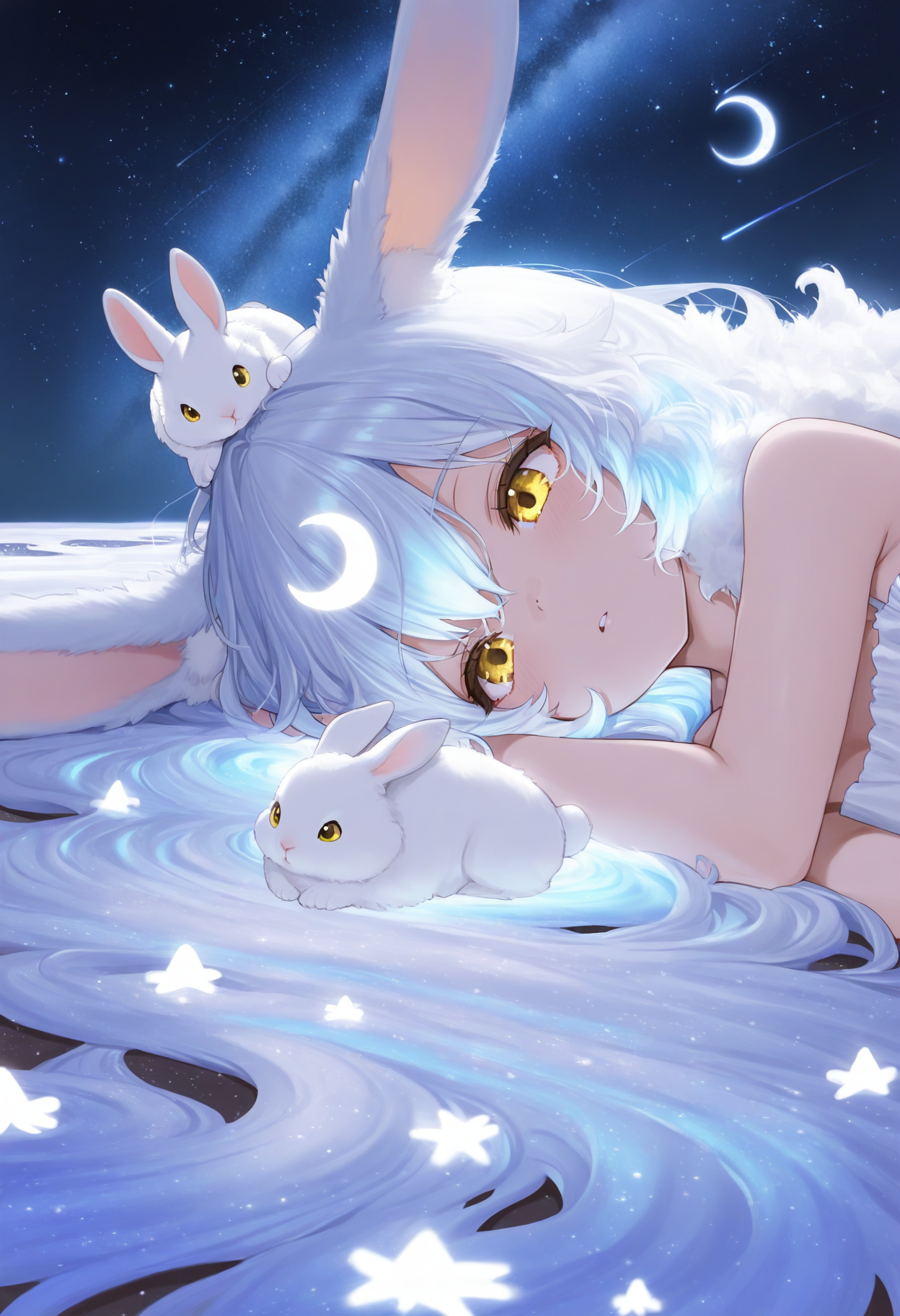 1girl, masterpiece, on side, night sky, crescent moon, rabbit ears, fluffy, dress, absurdly long hair, white hair, milky way, multicolored hair, blue hair, glowing hair, shooting star, yellow eyes, upper body, rabbit on head,
