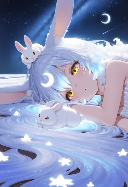 1girl, masterpiece, on side, night sky, crescent moon, rabbit ears, fluffy, dress, absurdly long hair, white hair, milky way, multicolored hair, blue hair, glowing hair, shooting star, yellow eyes, upper body, rabbit on head,