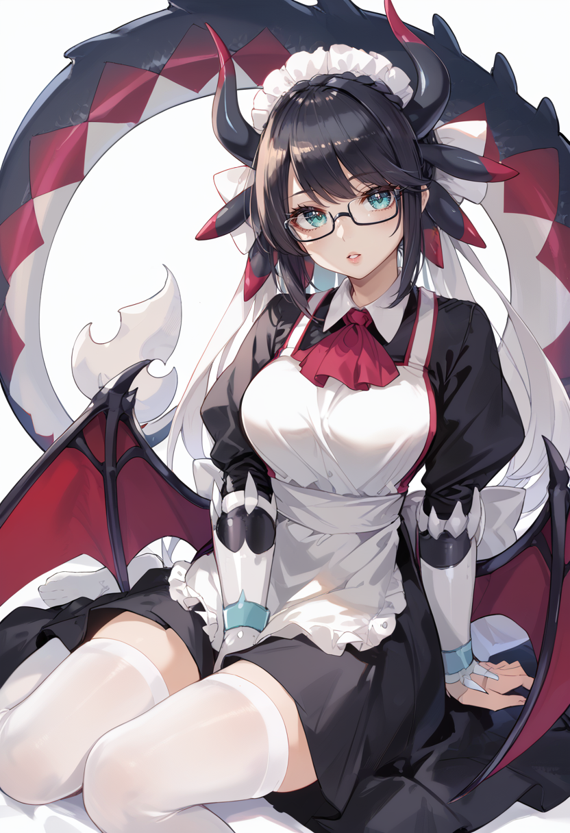 (score_9:0.9),score_8_up,score_7_up,rating_safe,anime style,(zPDXL),<lora:House Dragonmaid ponyXL v1:0.72>,house dragonmaid,1girl,solo,glasses,maid headdress,maid dress,large breasts,looking at viewer,red ascot,sitting,parted lips,silver fingerless gloves,mob cap,white thighhighs,
