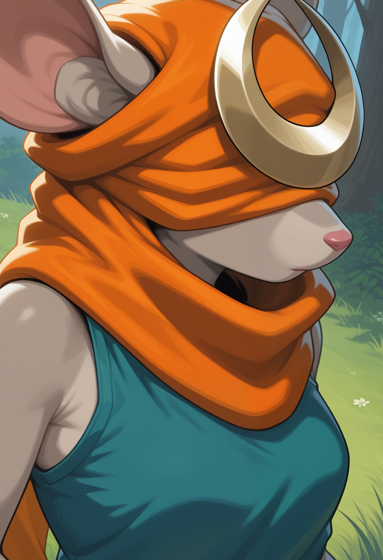 masterpiece,best quality,amazing quality, 1girl, solo, lytr4, rat girl, grey fur, covered eyes, orange hood, orange scarf, crescent ornament, green sleeveless top, close up, side angle