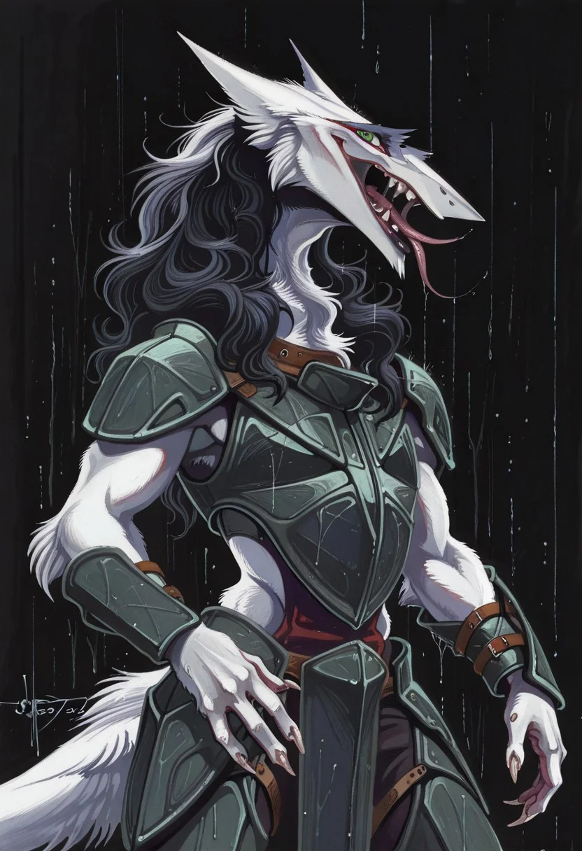 Syd_Mead, Cannon_design, Rain_Silves, Sergal, a painting of a sergal with long hair, sensitive, solo, long hair, looking at viewer, open mouth, animal ears, green eyes, teeth, tongue, signature, tongue out, dated, fingernails, fangs, sharp teeth, black background, claws, furry, furry female, sharp fingernails, body fur, white fur, snout, armor