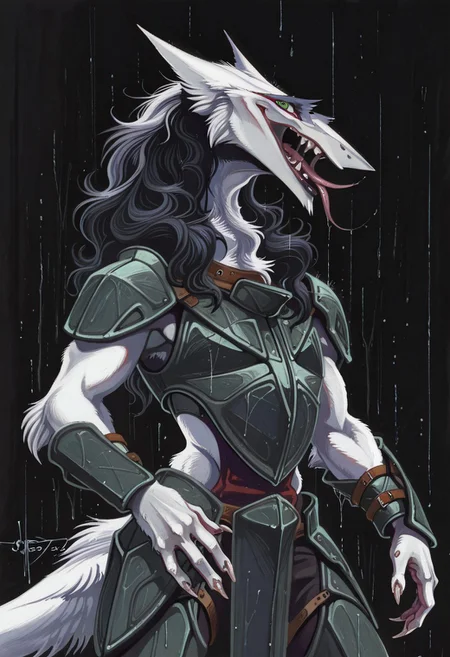 Syd_Mead, Cannon_design, Rain_Silves, Sergal, a painting of a sergal with long hair, sensitive, solo, long hair, looking at viewer, open mouth, animal ears, green eyes, teeth, tongue, signature, tongue out, dated, fingernails, fangs, sharp teeth, black background, claws, furry, furry female, sharp fingernails, body fur, white fur, snout, armor