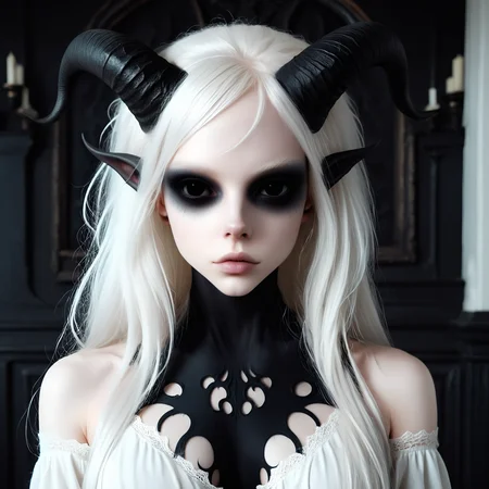 (close-up shot portrait: 1.3), (facing straight forward: 1.6), of very pale skin demon girl with black horns, (pitch black eyes: 1), gothic background, long white hair, <lora:WB2.2:1>, (photorealistic:1.3), best quality, highest quality, extremely detailed CG unity 8k wallpaper, detailed and intricate, original,highres, ,realistic:1.3,(ambient light:1), (HDR:1)