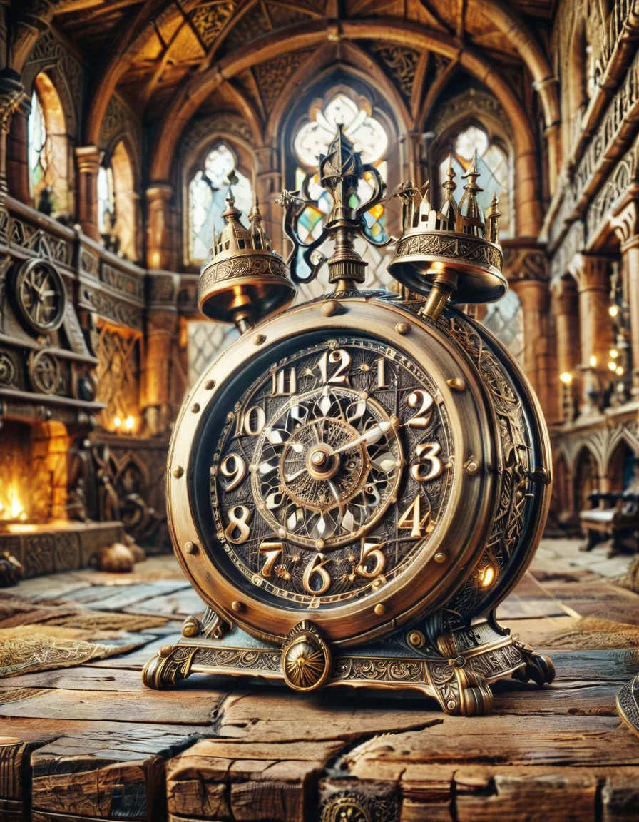 cinematic still outatimelora, medieval, alarm clock . emotional, harmonious, vignette, 4k epic detailed, shot on kodak, 35mm photo, sharp focus, high budget, cinemascope, moody, epic, gorgeous, film grain, grainy, outatimelora, medieval, alarm clock, dramatic light, highly detailed, perfect composition, beautiful full cinematic intricate, dynamic, elegant, atmosphere, very inspirational, professional, fine, complex, thought, ambient background, magic, sharp focus, illuminated, amazing, symmetry, bright, colorful, deep color, surreal, aesthetic, sublime, magical, pure, glowing