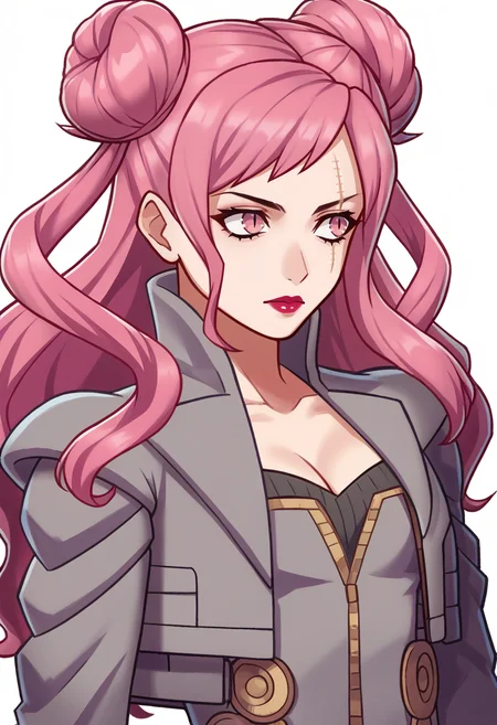score_9, score_8_up, score_7_up, source_anime BREAK 1girl, solo,
<lora:zs_EngagePortraitsXL:1> engageportraits, portrait, white background
<lora:zs_ArgillaXL:1> argilladds, pink hair, pink eyes, long hair, double bun, scar, cropped jacket, grey dress, open slit, medium breasts, cleavage, makeup, lipstick,