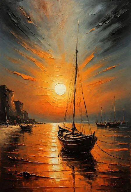 Impressionist oil painting on an old canvas, sunset on the beach , yatch on the sea, energetic strokes, black and bronze palette, fine and detailed strokes
