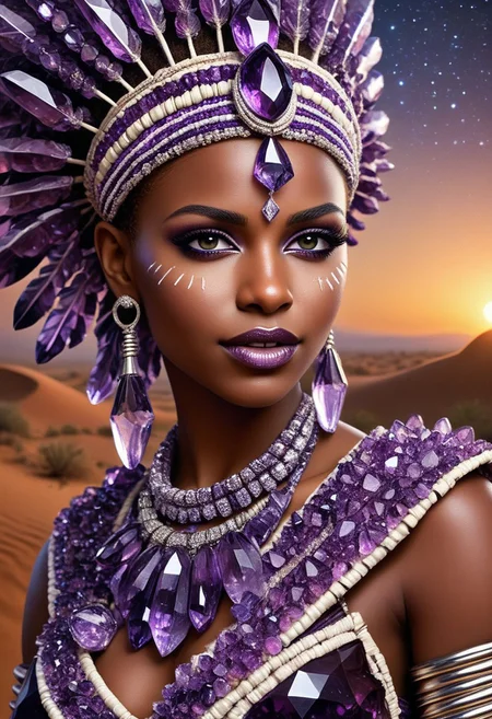 Masterpiece, detailed, realistic photo, night, African female, close-up, Sahel, Sahel desert campfire, African witch doctor, several white lines painted on face, fully_dressed, brown lips, gentle smile, 28 years old, Ultra detailed photo realistic background, realistic high detailed face, anatomic correct bodies, extremely realistic, lots of detail, strong, seductive, big brown eyes, dull_natural_skin, hands out of view or hidden, made of sparkling amethyst crystals, Toga_Himiko, toga, fully dressed.