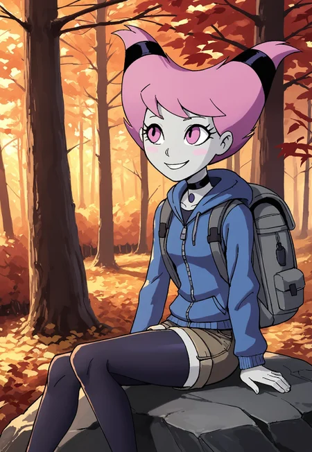 safe_pos, <lora:JinxTTPony1.2:0.8> jinx, 1girl, pink hair, grey skin, hair ties, choker, solo, pink eyes, blush stickers, chest jewel, short hair, colored skin, adult female, small breasts, ((wool leggings, cargo short shorts, zip up hoodie, backpack, sitting on rock, quarter view)),
outdoors, looking up at leaves change, smile, score_9, score_8_up, score_7_up, score_6_up, score_5_up, score_4_up, detailed background, outdoors, forest, hiking trail, (autumn, tree, autumn leaves, nature, outdoors), source_cartoon, source_anime,