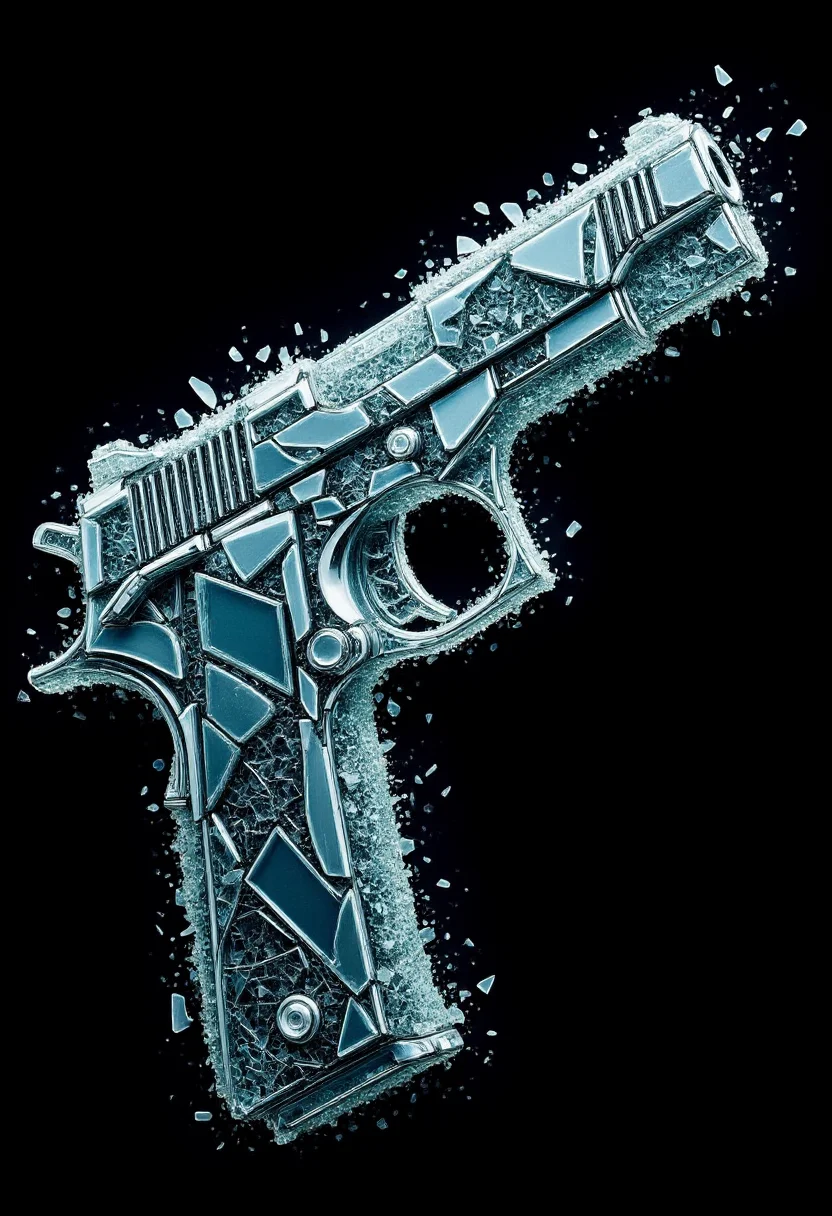 <lora:Glass_Fracture_Former_FLUX-000017:0.9>
This is a digital artwork featuring a stylized, surreal image of a gun made entirely of shattered glass.