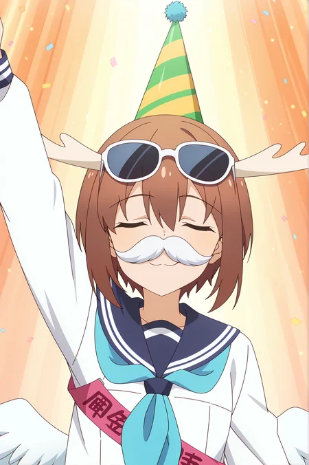 detailed background, official style,anime coloring, (anime screencap) masterpiece, detailed face,1girl <lora:Noko_Shikanoko (1):0.8>Shikanoko, party hat, fake facial hair, brown hair, solo, hat, closed eyes, fake mustache, school uniform, white shirt, facing viewer, wings, arm up, sailor collar, long sleeves, sash, serafuku, shirt, bangs, eyewear on head, neckerchief, blue neckerchief, short hair, smile, sunglasses, hair between eyes, white wings, antlers, closed mouth, blue sailor collar, upper body