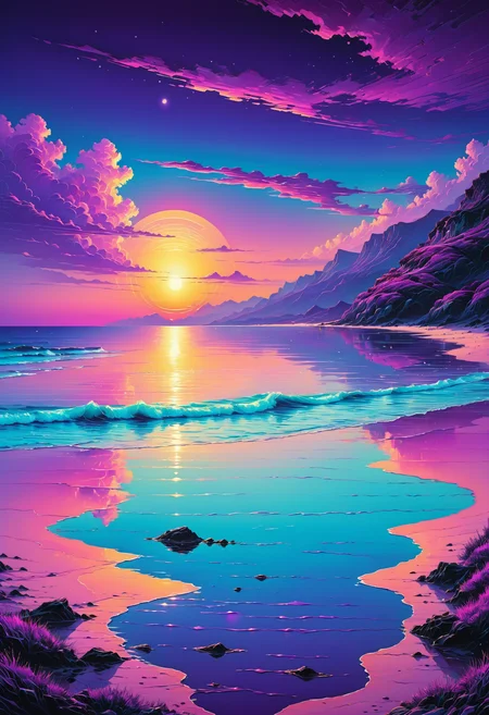 sea, beach, calm sea, sunset, reflection, purple theme, retrowave, detailed landscape, horizon, flat, sea foam,  <lora:SDXLFaeTastic2400:0.7>