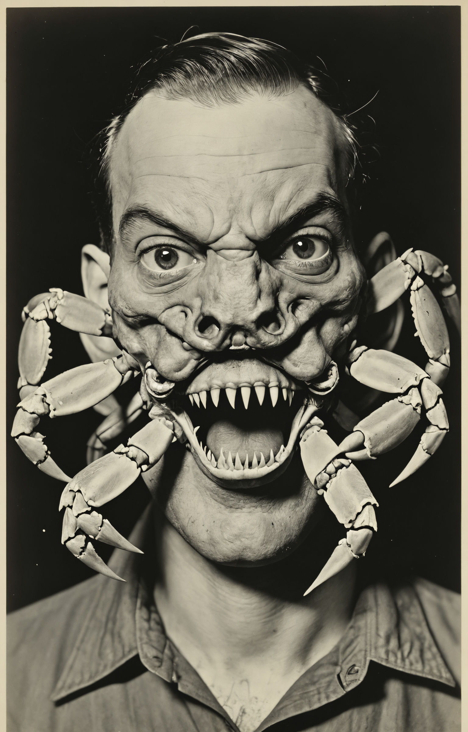 weegee photo,mutation,human with crab head face,  <lora:sdxl_photorealistic_slider_v1:1>