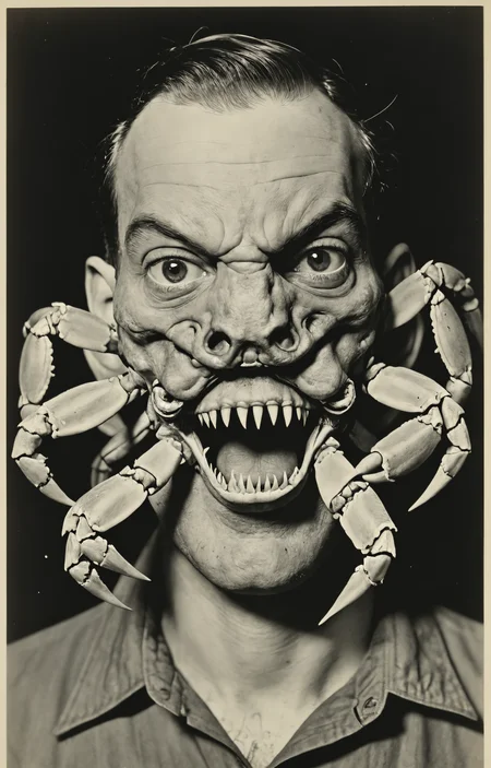 weegee photo,mutation,human with crab head face, <lora:sdxl_photorealistic_slider_v1:1>