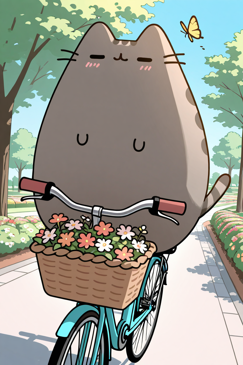 masterpiece, best quality,    pusheen, riding a bicycle, basket with flowers, park, trees, blue sky, butterflies    ,<lora:PusheenIXL:1.0>,