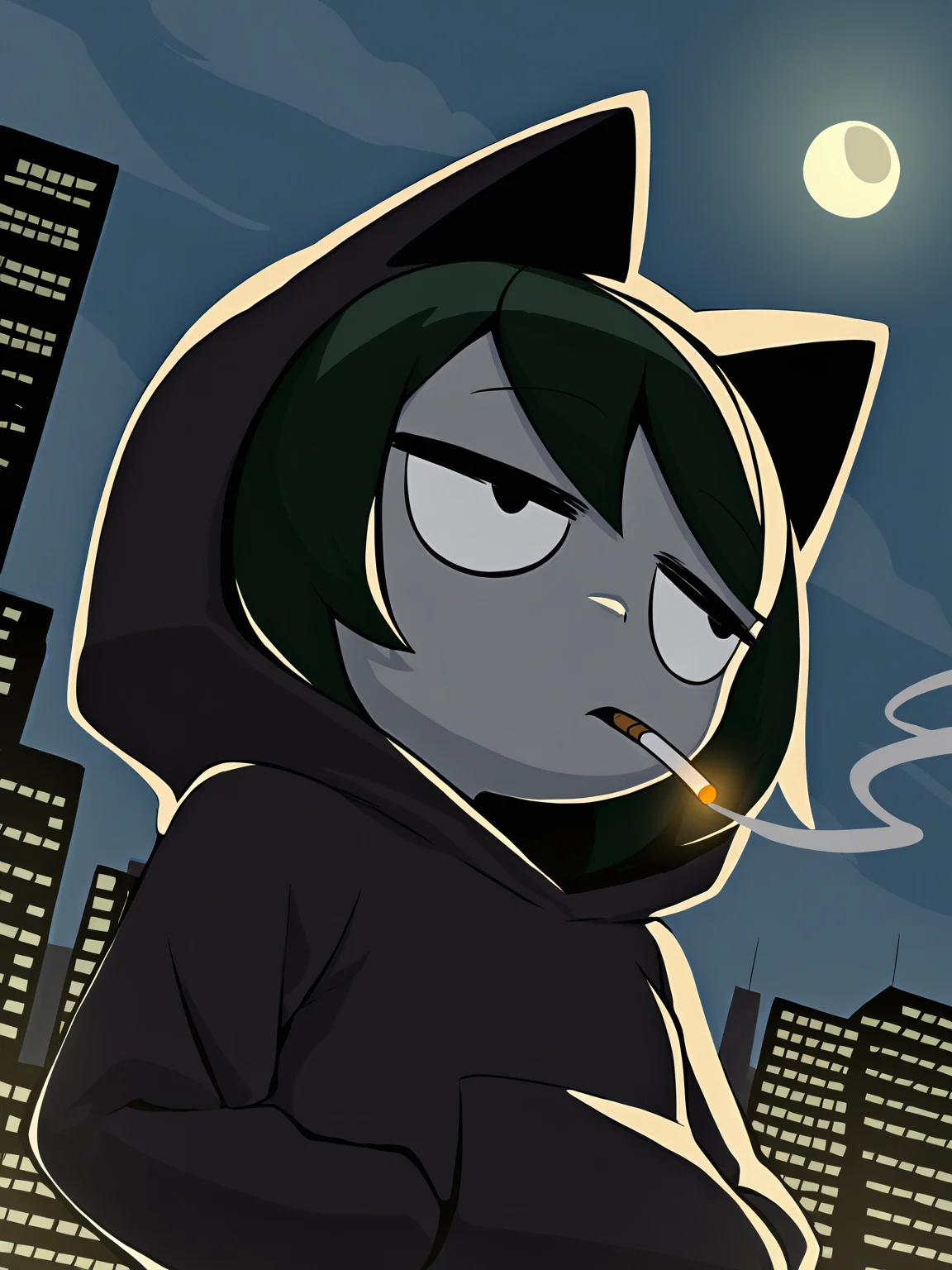portrait of a girl, 1girl, grey skin, hoodie, goth, cat ears, bored face, dark green hair with black, skyscraper, moon, hands in pocket, hard lighting, city lights, street, clouds, smoking, from the side, from below