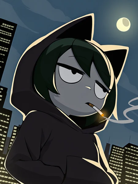 portrait of a girl, 1girl, grey skin, hoodie, goth, cat ears, bored face, dark green hair with black, skyscraper, moon, hands in pocket, hard lighting, city lights, street, clouds, smoking, from the side, from below
