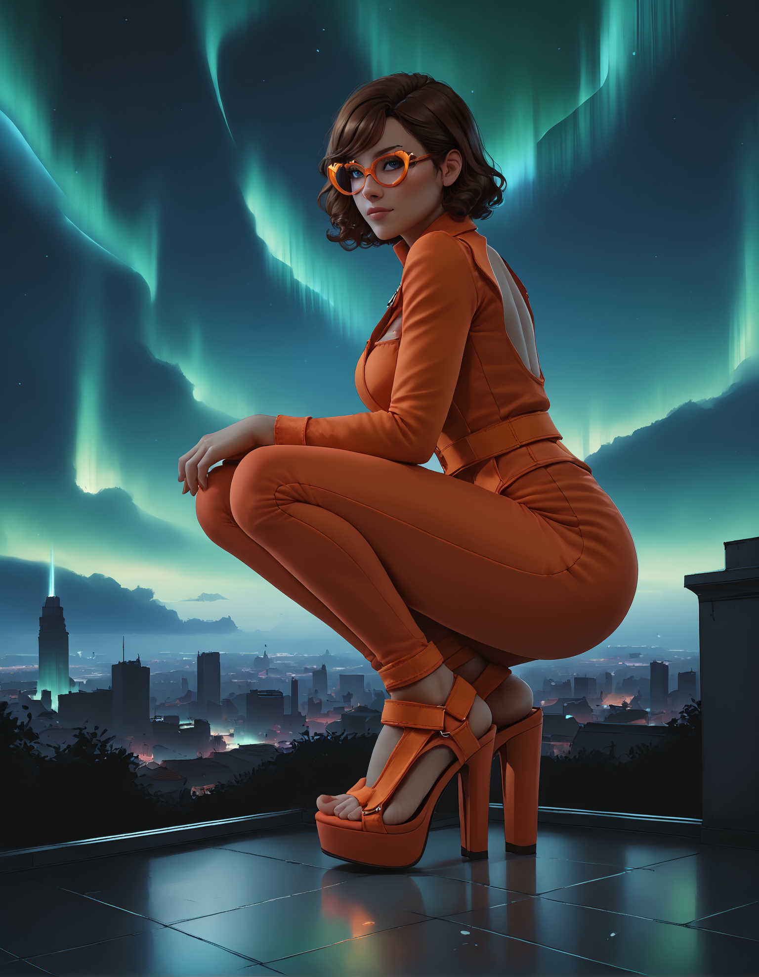 1girl, dark skin,
squatting, (rooftop:1.3), (skyline:1.2),  
from side,
red bodysuit, heart-shaped cutout, sexy attire,
brown hair, short hair, curly hair, 
(sp0rts4nd4l heels), feet, toes,
fromb elow, foot focus,
heart-shaped glasses, orange frame glasses,
snowing, aurora borealis, 
night, dark, dark background, Low-key lighting,
color grading,
embedding:zPDXL2 ,