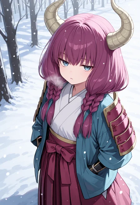 masterpiece, best quality, 1girl, solo, 4ura, purple hair, horns, long hair, twin braids, (samurai:1.2), japanese clothes, hakama, (japanese armor), kote, sode, shoulder armor, outdoors, winter, breath, (snowing), hands in pockets, blue eyes, hakama skirt, gloves, nature, from above, looking at viewer, bored, jitome, parted lips
