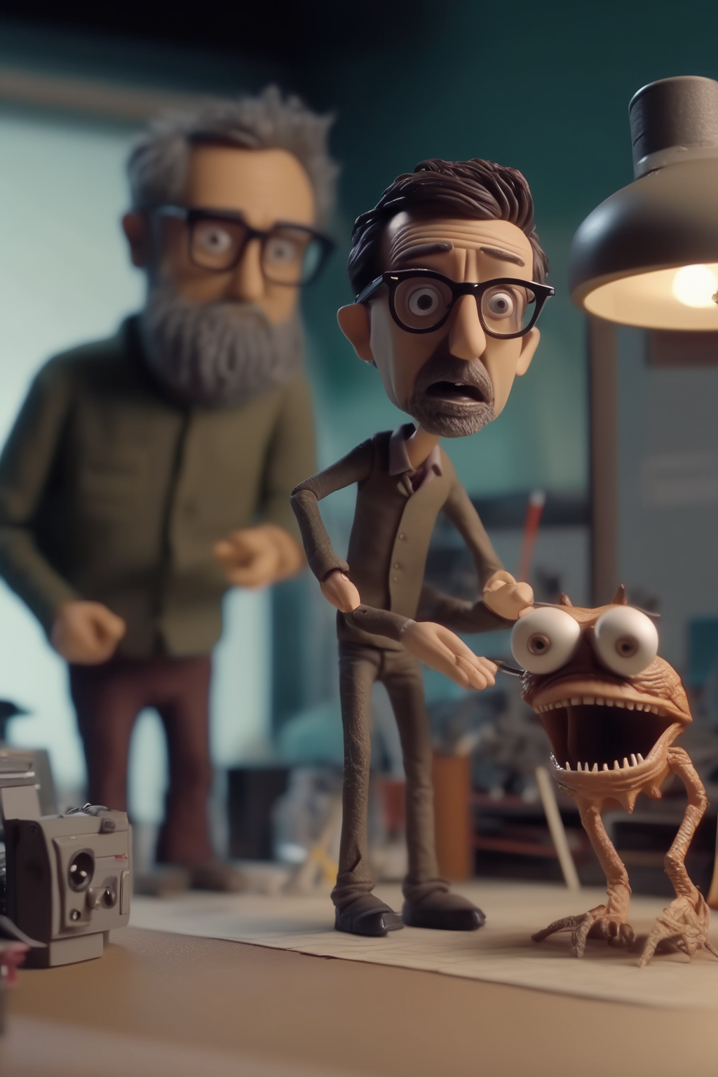 <lora:Stop-Motion Animation:1>Stop-Motion Animation - A medium film shot, of Harold, 40yr old man, glasses, and tech engineer, good looking but thin, staring mouth agape at a strange creature standing on hus desk