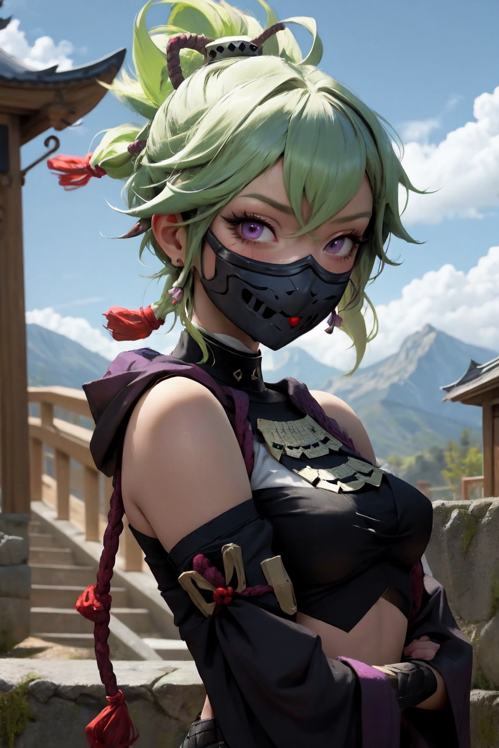 <lora:genshinfull1-000006:1>, kukishinobudef, upper body, smile, blush, outdoors, day, blue sky, sky, temple, looking at viewer, stairs, mountain, moody lighting, facing viewer, mask, <lora:PinterestEnchanted_style-20:0.6>