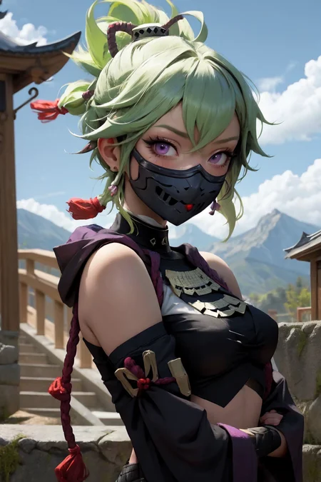 <lora:genshinfull1-000006:1>, kukishinobudef, upper body, smile, blush, outdoors, day, blue sky, sky, temple, looking at viewer, stairs, mountain, moody lighting, facing viewer, mask, <lora:PinterestEnchanted_style-20:0.6>