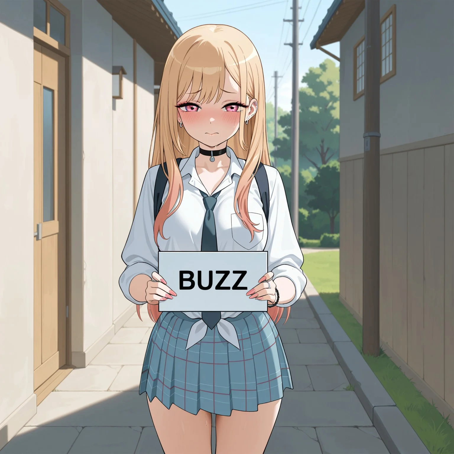 masterpiece, best quality, amazing quality, 1girl, kitagawa_marin, sad, standing, outdoors, aesthetic, solo, ((((holding a sign, holding a sign that says "buzz plz")))), sfw