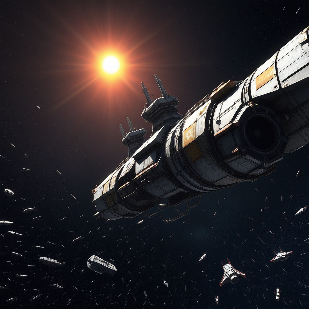 turret, no humans, space, sun, spcdeb, scenery, ship, realistic, glass, science fiction
