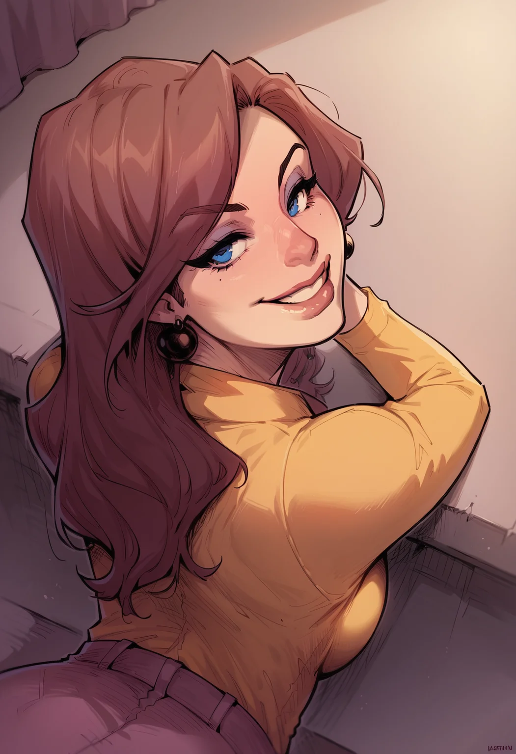 score_9, score_8_up, score_7_up, <lora:j4n1c3:1> j4n1c3,1girl,earrings,portrait,looking at viewer, sly smile,from behind, from above,dynamic angle