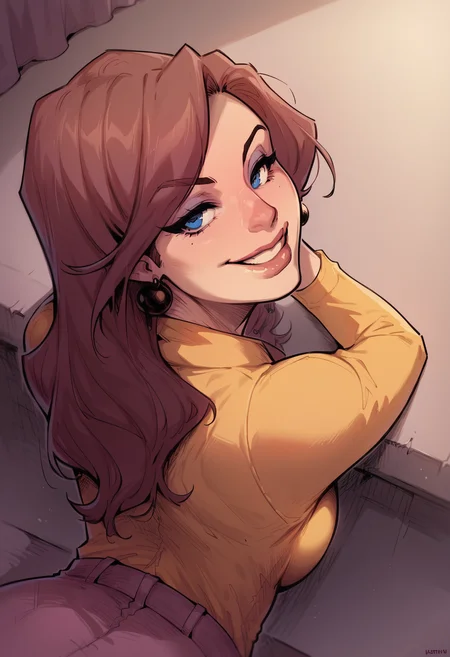 score_9, score_8_up, score_7_up,  <lora:j4n1c3:1> j4n1c3,1girl,earrings,portrait,looking at viewer, sly smile,from behind, from above,dynamic angle