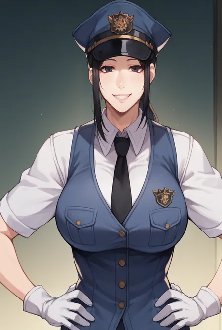 <lora:Hachishakusama-10:1> Hachishaku, taxiuntenshu, 1girl, solo, hat, necktie, black hair, uniform, long hair, ponytail, black eyes, vest, police, white gloves, large breasts, (smile, happy, looking at viewer, hands on own hips), 16k, masterpiece, absurdes, highly detailed, highres, high quality, best quality, score_9, score_8_up, score_7_up, score_6_up