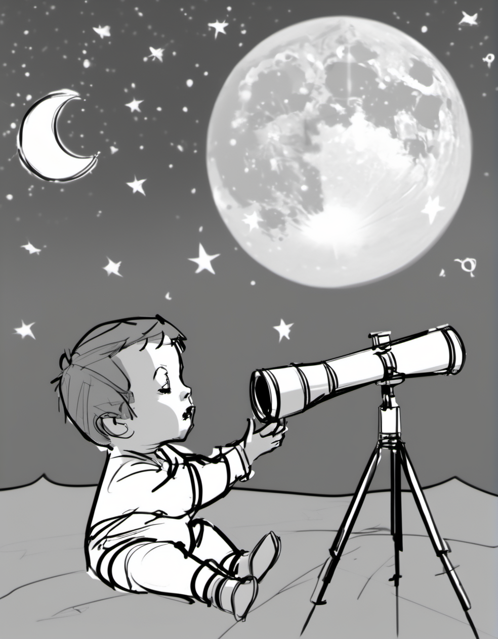 color storyboard sketch of  During a starry night, a toddler in pajamas peers through a toy telescope, their face alight with wonder at the twinkling stars and the moon, the night air cool and filled with the sounds of crickets. <lora:Storyboard_sketch:0.9>