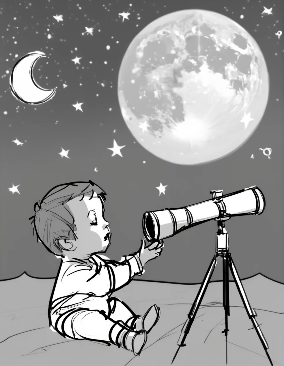 color storyboard sketch of During a starry night, a toddler in pajamas peers through a toy telescope, their face alight with wonder at the twinkling stars and the moon, the night air cool and filled with the sounds of crickets. <lora:Storyboard_sketch:0.9>