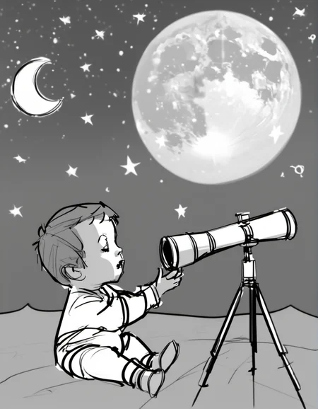 color storyboard sketch of During a starry night, a toddler in pajamas peers through a toy telescope, their face alight with wonder at the twinkling stars and the moon, the night air cool and filled with the sounds of crickets. <lora:Storyboard_sketch:0.9>