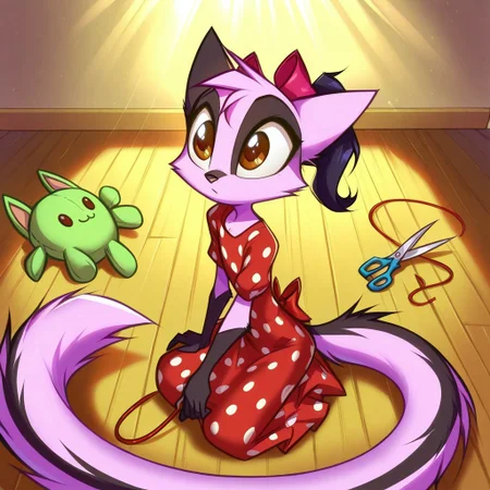 Dreamkeepers,1girl,Prelude_Vi,solo,furry,tail,source_furry,hazel eyes,
child, kid,
needle, thread, plushie, fabric_scraps, scissors, polka_dot_dress, wooden_floor, sunlight, ribbon