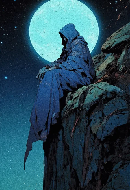 A mysterious, hooded figure draped in a long, flowing blue cloak sits solemnly on the edge of a rugged, rocky cliff. The figure’s face is hidden in deep shadow, adding an aura of enigma and solitude. The background features a vast, dark starry sky with countless shimmering stars, dominated by a large, glowing, bluish moon, casting a faint ethereal light. The rocky formations are detailed, textured, and rugged, creating a stark contrast with the smooth, almost liquid-like fabric of the cloak. The overall mood is surreal, melancholic, and otherworldly, with deep shadows and cool, muted color tones emphasizing mystery and cosmic loneliness
,  anime, cyberpunk