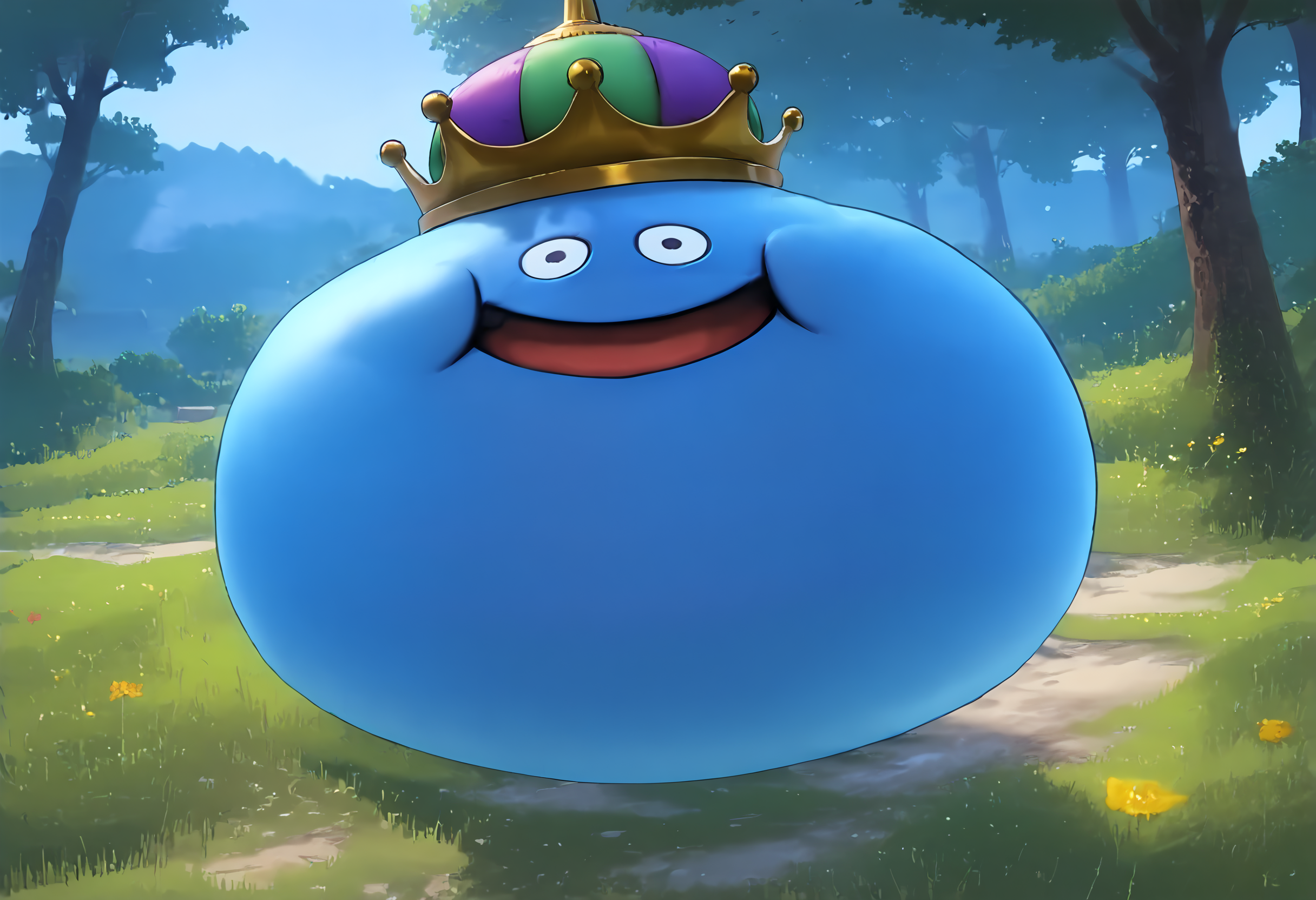score_9,score_8_up,score_7_up,best quality,masterpiece,extreme detailed,full_body,zPDXL,nature,forest BREAK full_body BREAK
<lora:Pony_DetailV2.0:1> BREAK king slime,slime (dragon quest),crown,no humans,:D,<lora:king slime-v2-pony:1>,jumping,