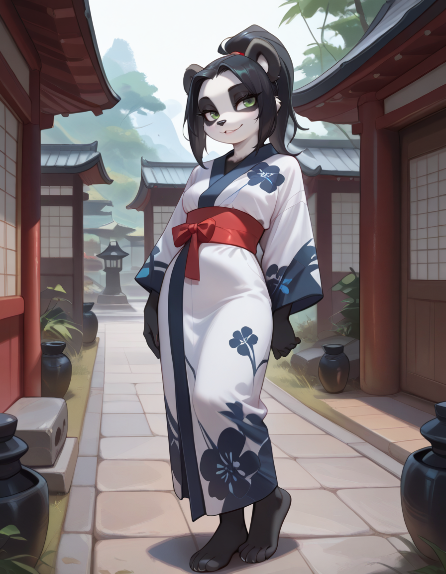 masterpiece, best quality, very aesthetic, absurdres,
outdoors, yukata, 
standing, posing, 
full body, seductive smile, parted lips, long eyelashes,
 <lora:Li Li_v01_ILXL:1> L1L1,1girl,solo,furry female,panda ears,black hair,long hair,ponytail,green eyes,animal nose,body fur,two tone fur,black fur,white fur