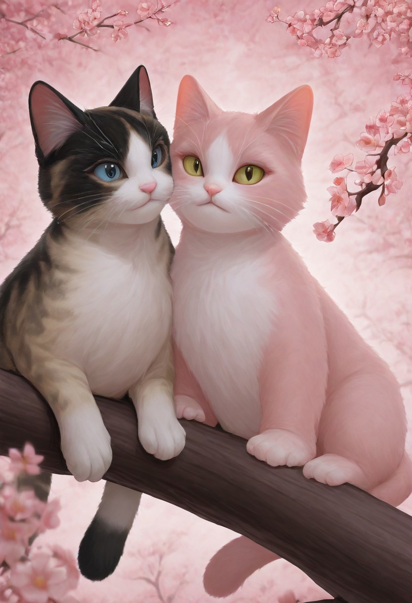 masterpiece, best quality, absurdres, cats sitting on a tree branch, facing each other in an intimate and harmonious pose. The left cat is black, while the right cat is white, creating a striking contrast. They are surrounded by delicate, blooming branches with small flowers, adding a serene and romantic atmosphere. The background is softly blurred, focusing the viewer's attention on the cats and their interaction. The lighting is soft, emphasizing the texture of their fur and the gentle ambiance of the scene. pink heart in front of them, white sphere in the background, HANA4