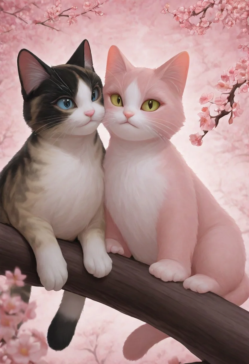 masterpiece, best quality, absurdres, cats sitting on a tree branch, facing each other in an intimate and harmonious pose. The left cat is black, while the right cat is white, creating a striking contrast. They are surrounded by delicate, blooming branches with small flowers, adding a serene and romantic atmosphere. The background is softly blurred, focusing the viewer's attention on the cats and their interaction. The lighting is soft, emphasizing the texture of their fur and the gentle ambiance of the scene. pink heart in front of them, white sphere in the background, HANA4